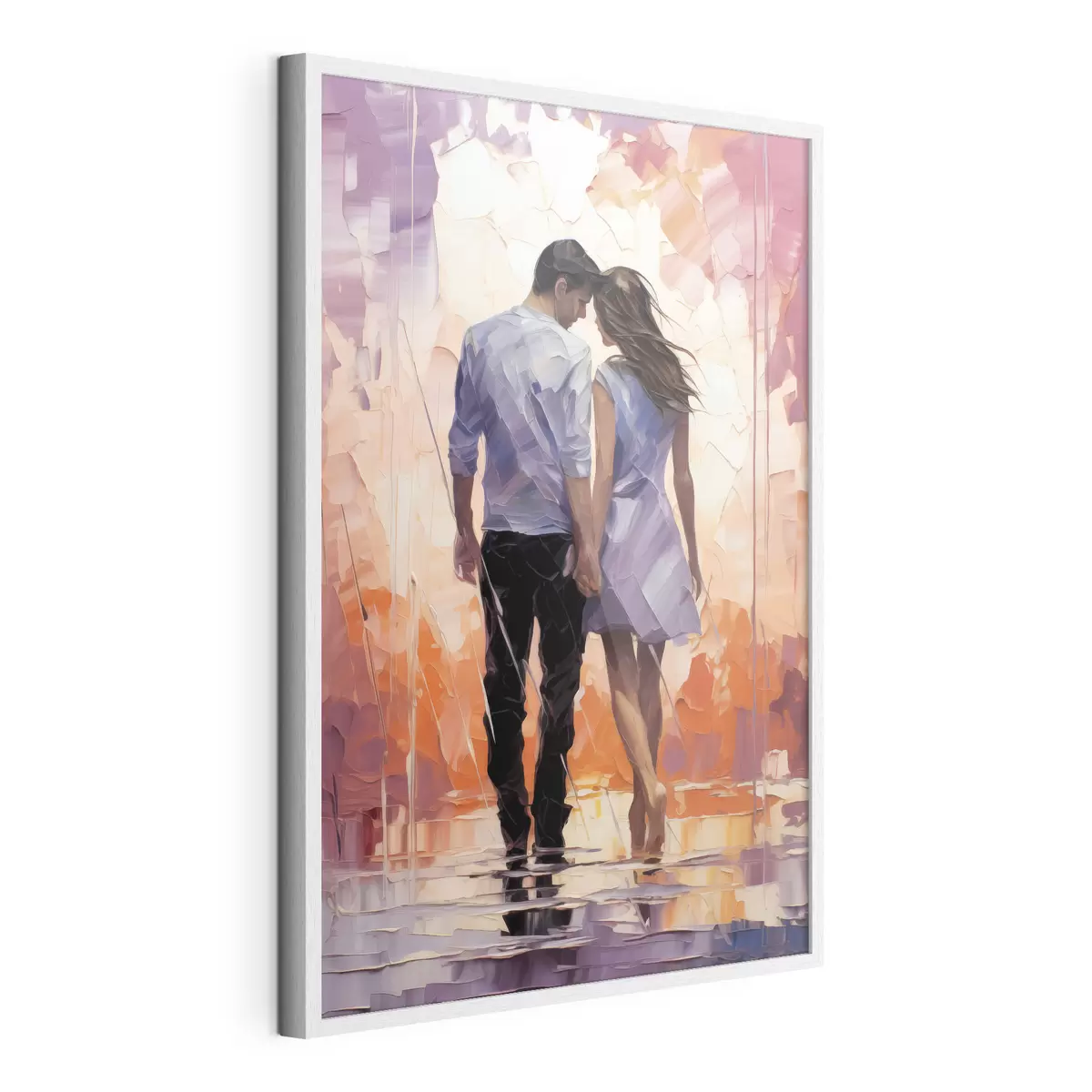 Poster Silueta de una pareja enamorada, pintura abstracta, chica y chico, color rosa, naranja, morado, negro f39124