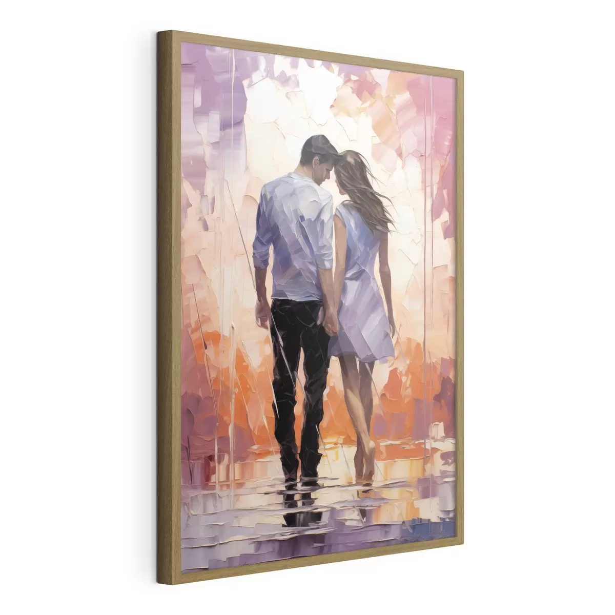 Poster Silueta de una pareja enamorada, pintura abstracta, chica y chico, color rosa, naranja, morado, negro f39124
