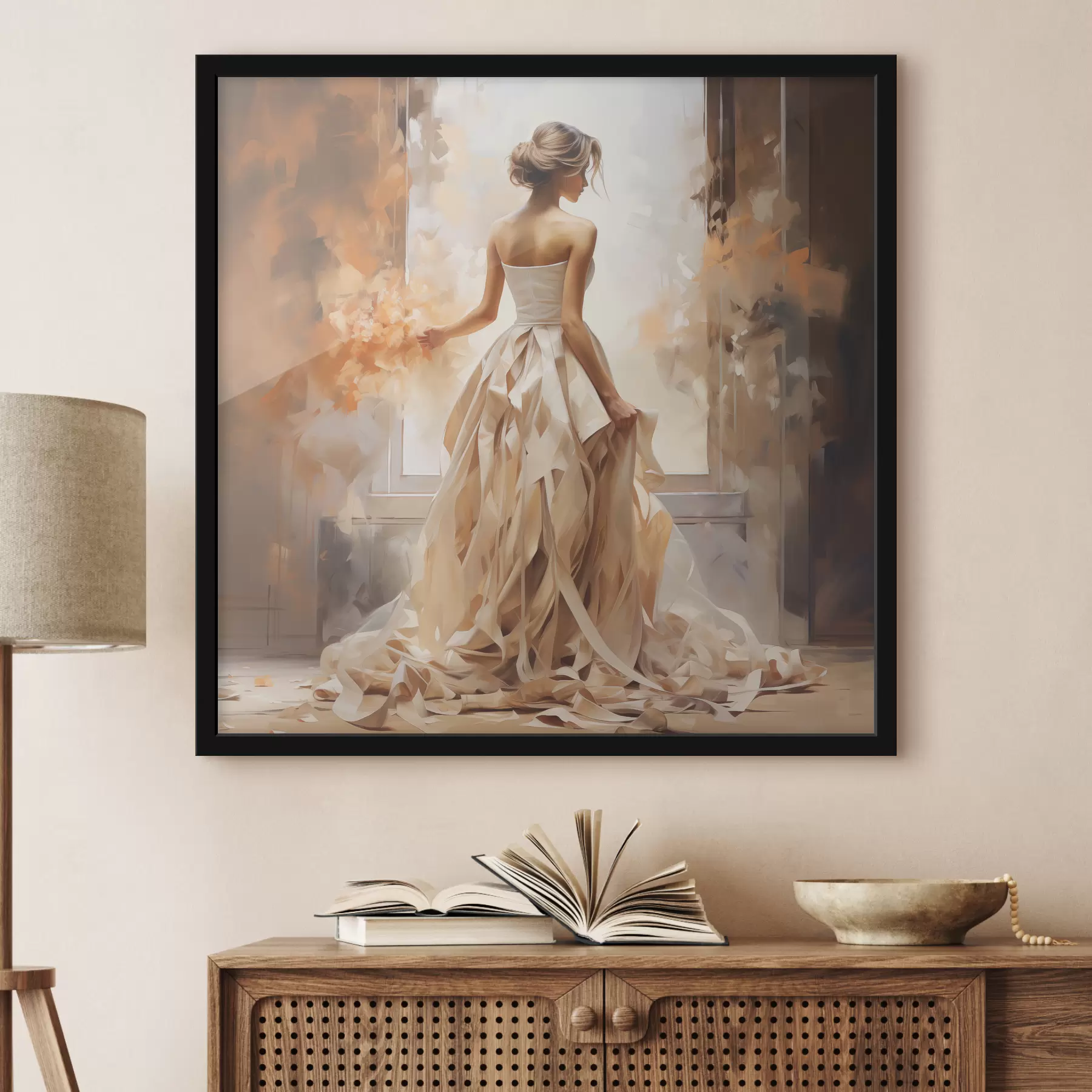 murales de pared Una chica con un vestido de novia blanco está junto a la ventana entre el fuego y pinta a mano f39125