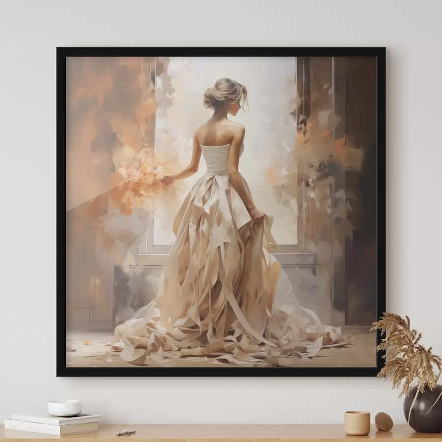 murales de pared Una chica con un vestido de novia blanco está junto a la ventana entre el fuego y pinta a mano f39125