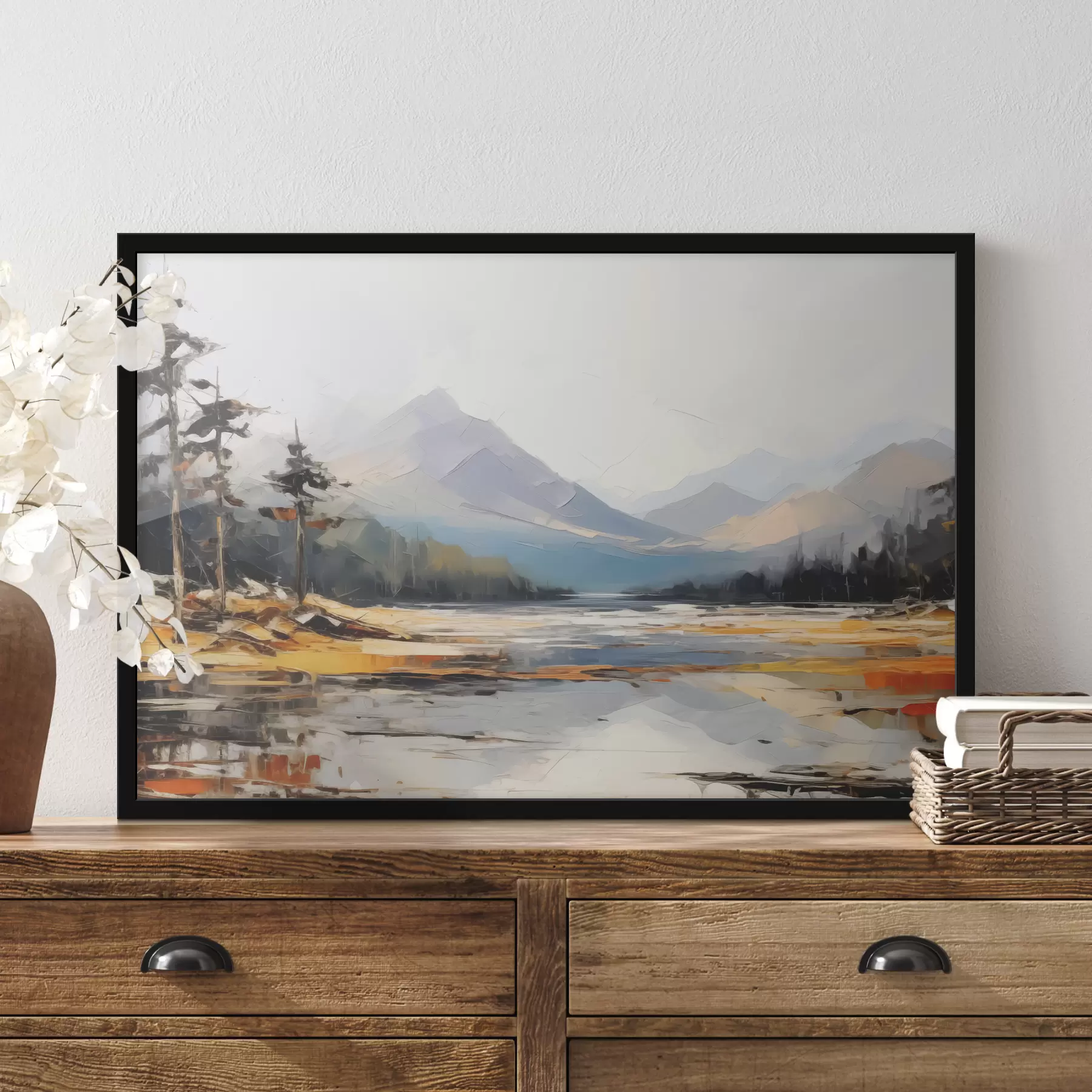 murales de pared Cordilleras en el valle pintura al óleo, paisaje, naturaleza, azul, color amarillo blanco f39128