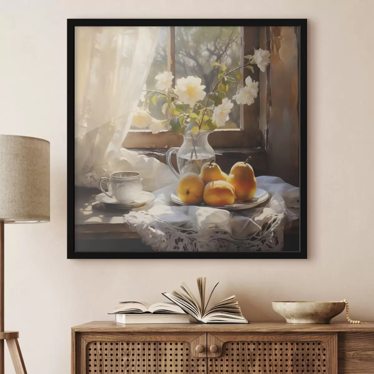 Poster Bodegón rústico con peras amarillas maduras en un plato sobre una mesa junto a la ventana, rosas blancas en una jarra de cristal, cortinas de encaje blanco f39129