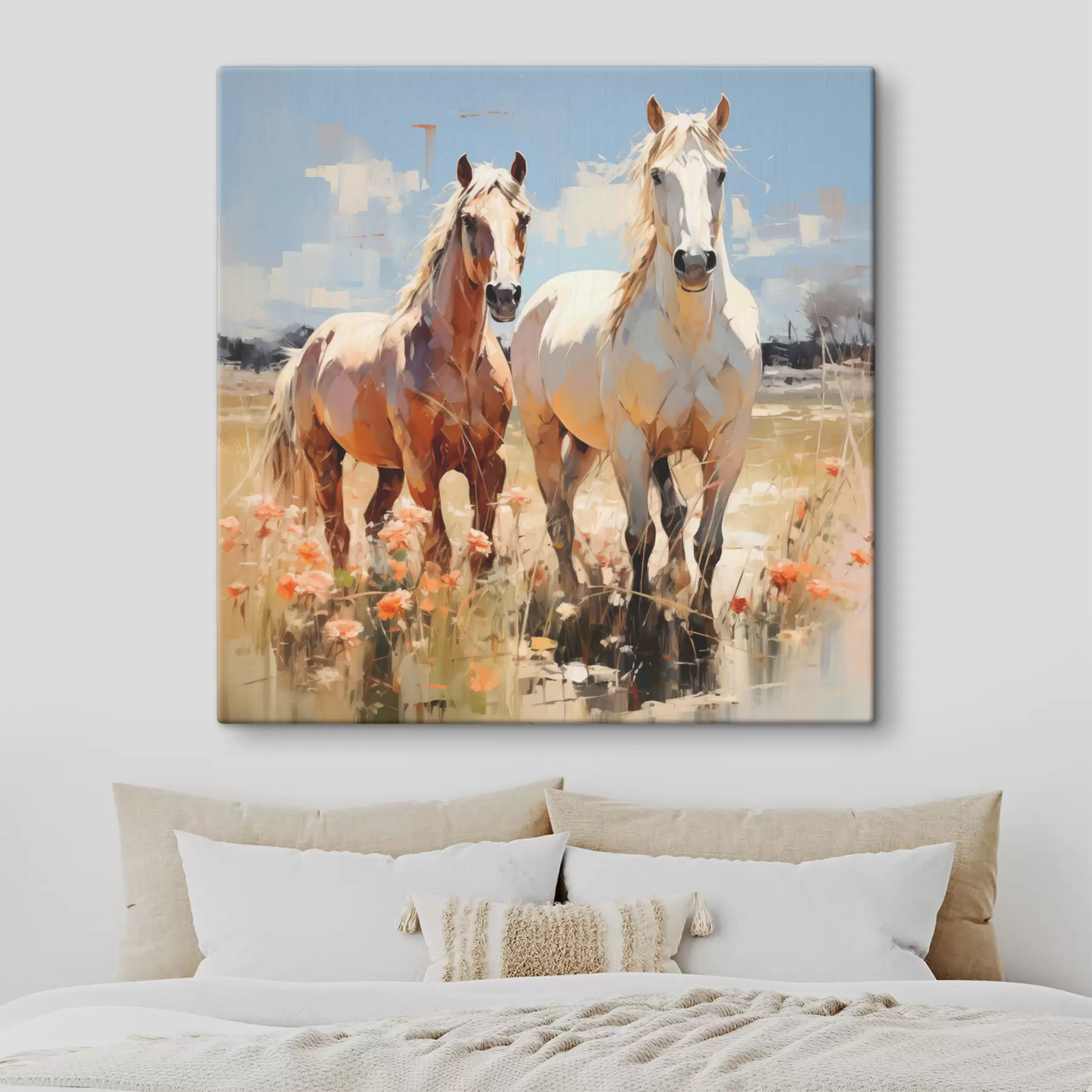 murales de pared Caballos blancos y marrones pastan en un prado entre flores silvestres pintura al óleo arte abstracto s39187