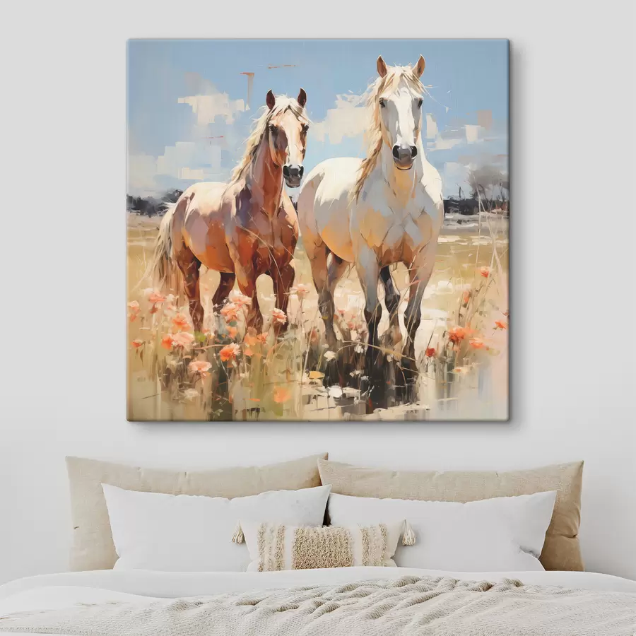 murales de pared Caballos blancos y marrones pastan en un prado entre flores silvestres pintura al óleo arte abstracto s39187