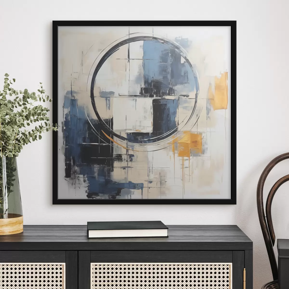 Poster Cubismo abstracto, trazos azules, naranjas, blancos, figura circular. f39179