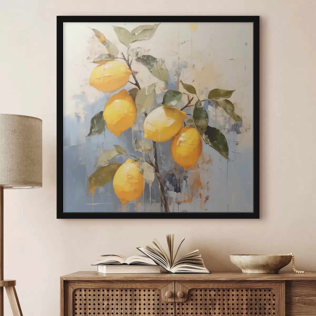 Poster Rama con limones maduros, pintura al óleo, arte abstracto, colores amarillo, azul y verde f39186