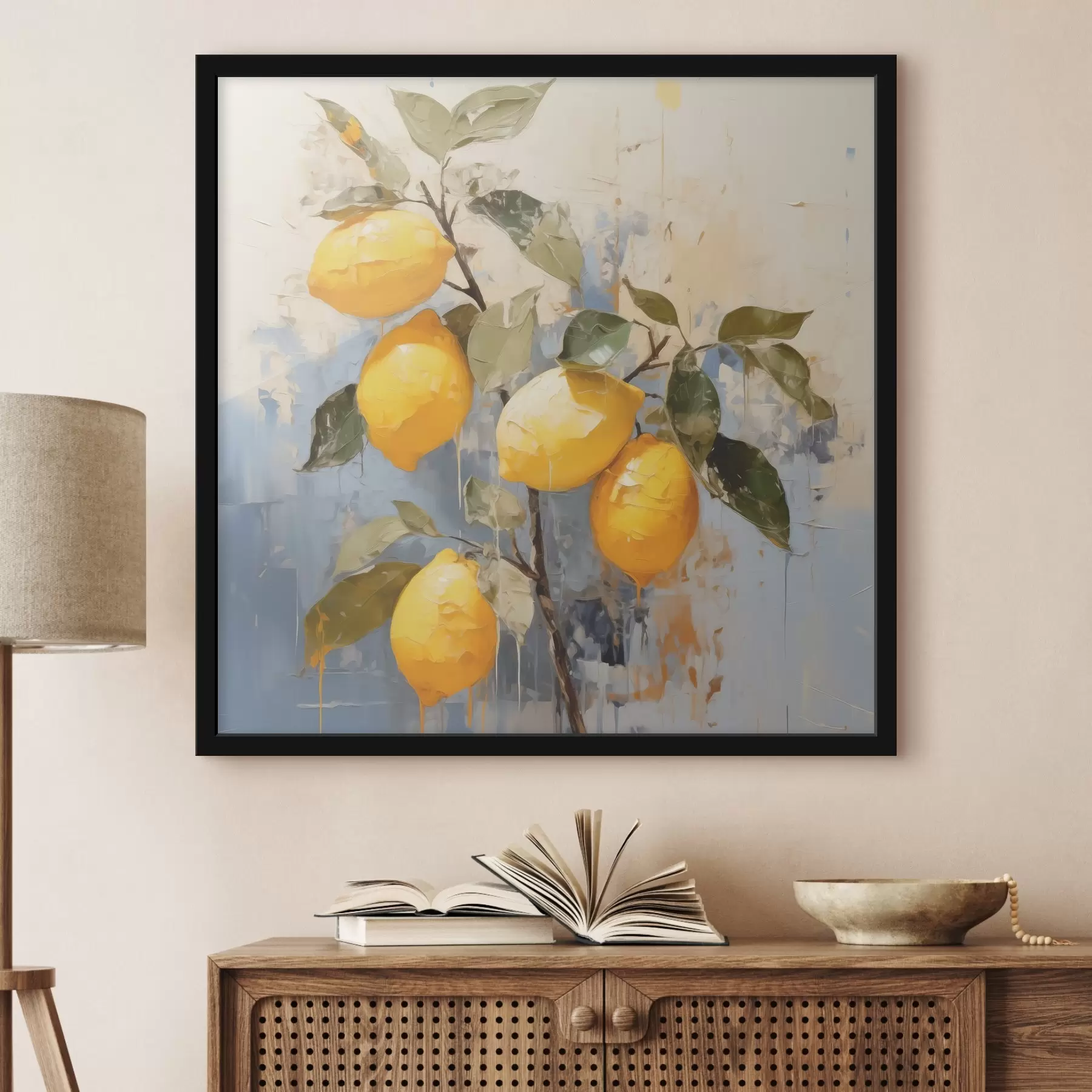 murales de pared Rama con limones maduros, pintura al óleo, arte abstracto, colores amarillo, azul y verde f39186