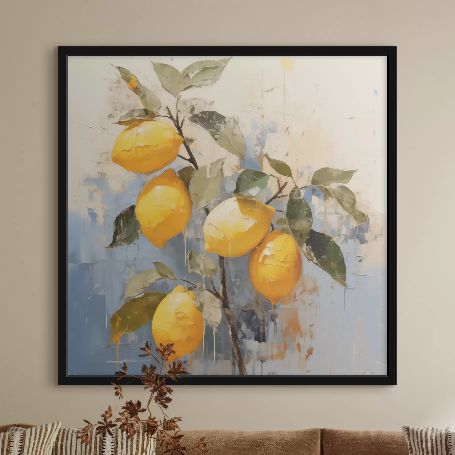 murales de pared Rama con limones maduros, pintura al óleo, arte abstracto, colores amarillo, azul y verde f39186