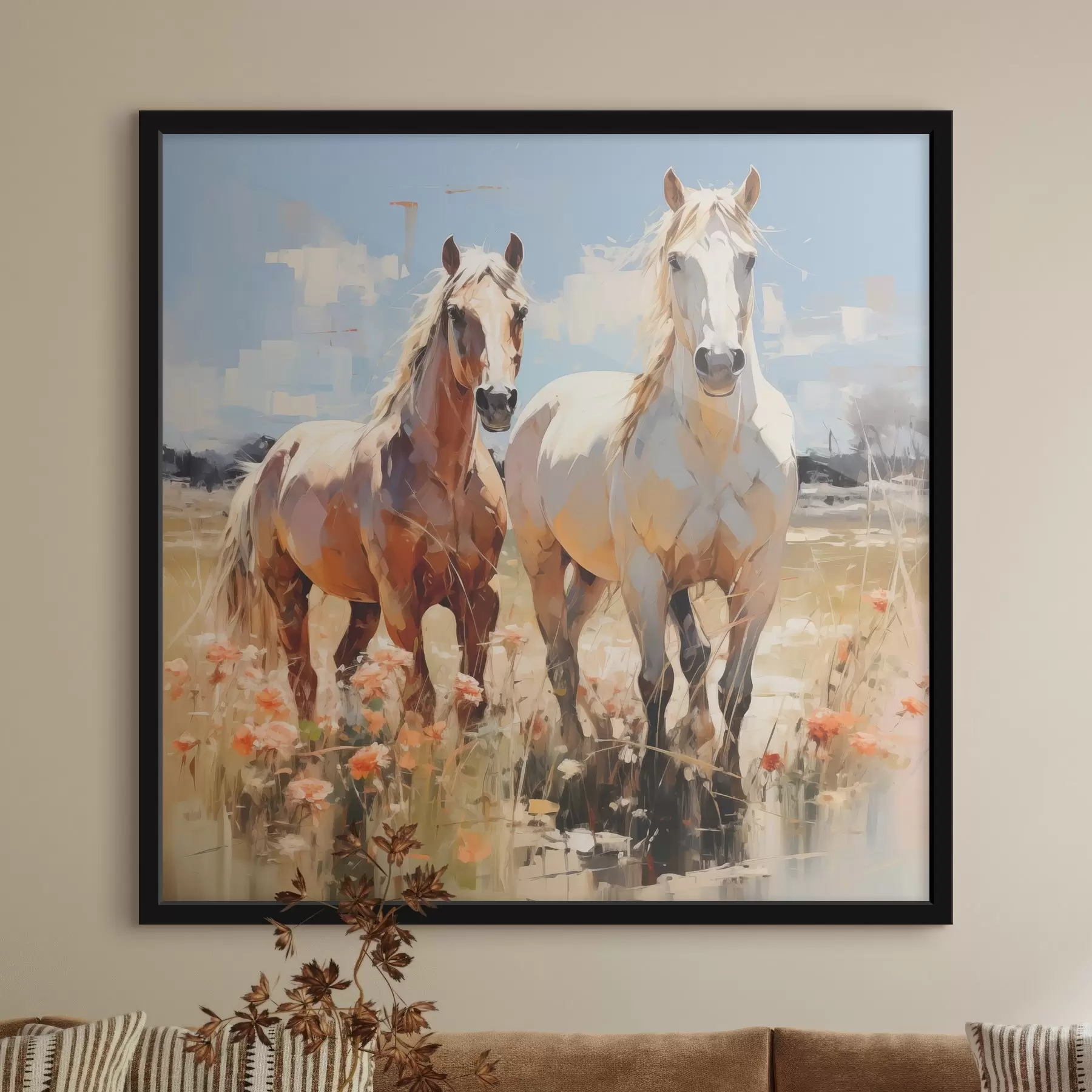 murales de pared Caballos blancos y marrones pastan en un prado entre flores silvestres, pintura al óleo, arte abstracto f39187