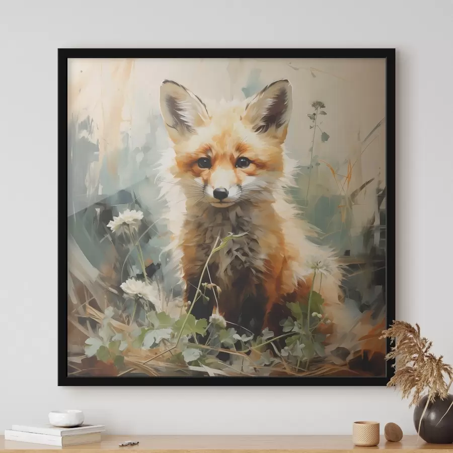 murales de pared Zorro rojo sentado en hierba seca sobre fondo verde. Pintura al óleo f39191