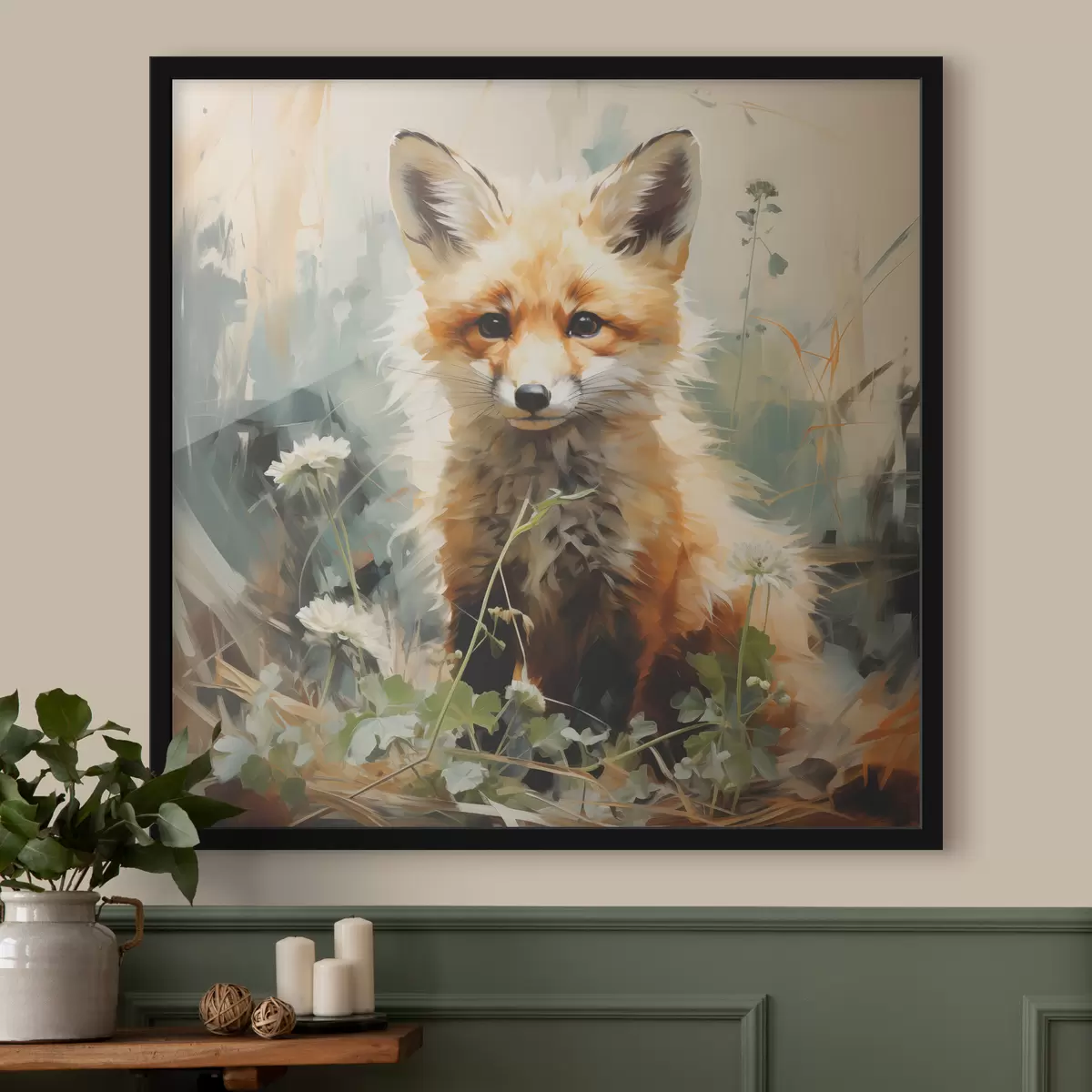 Poster Zorro rojo sentado en hierba seca sobre fondo verde. Pintura al óleo f39191