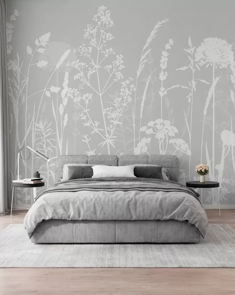 murales de pared Suaves plantas de campo y flores minimalistas de color gris w01270v1