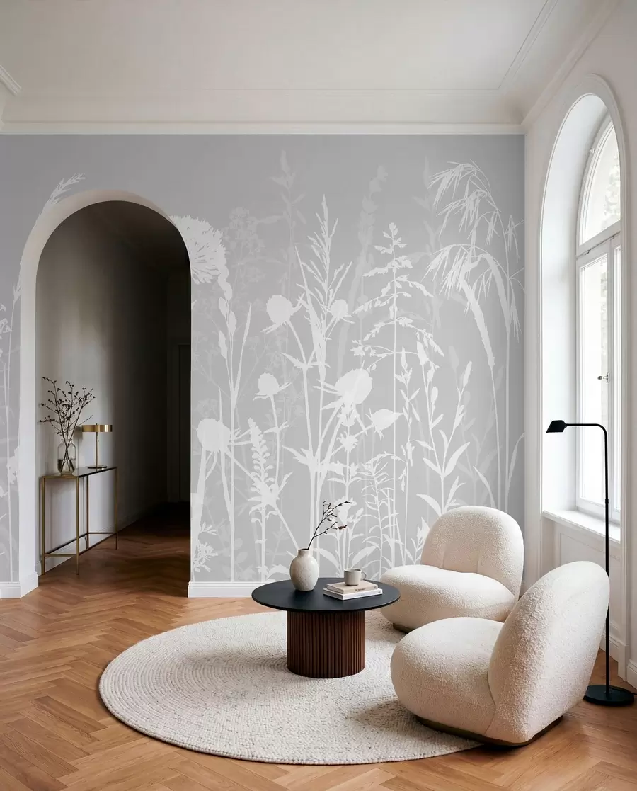 murales de pared Suaves plantas de campo y flores minimalistas de color gris w01270v1