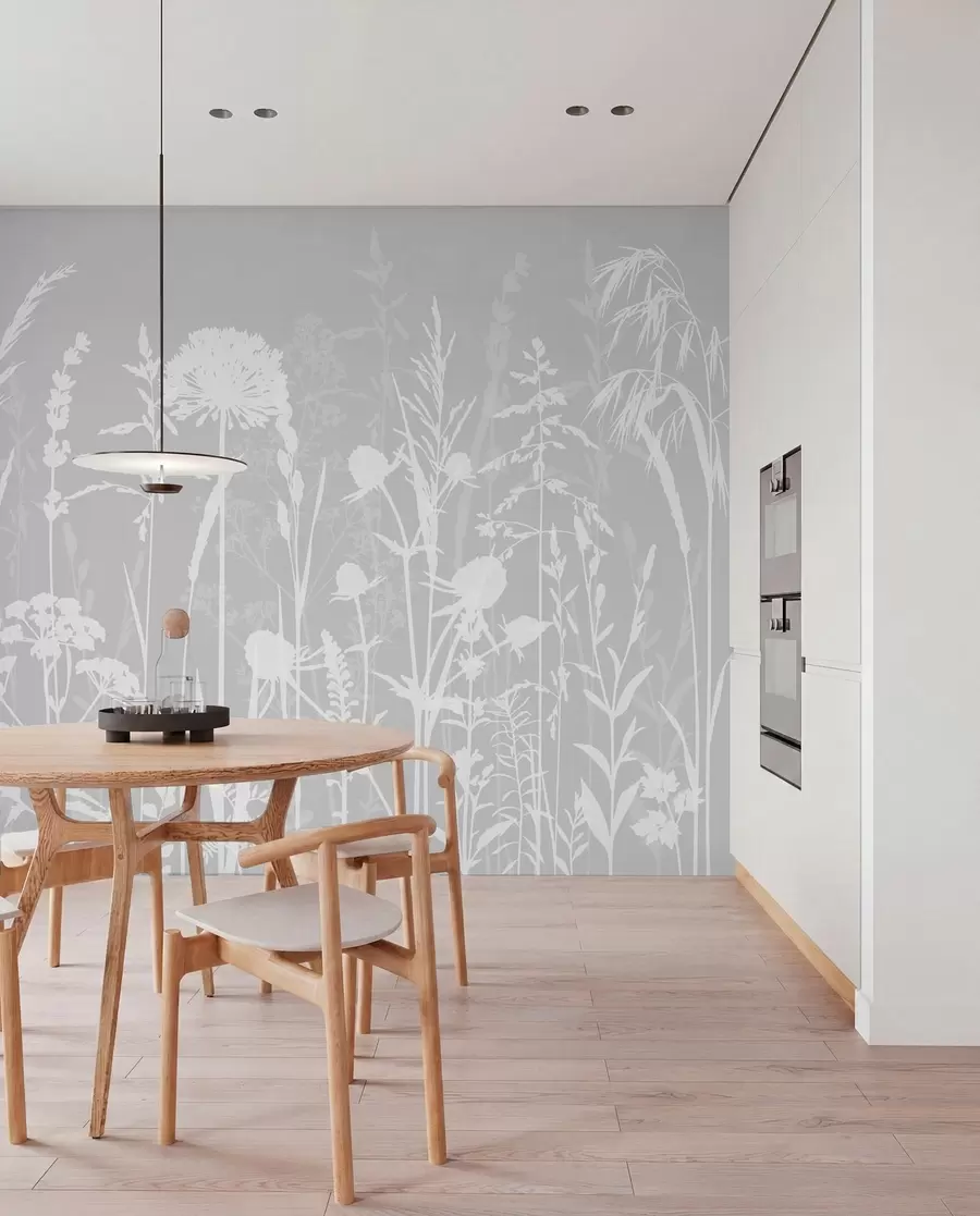 murales de pared Suaves plantas de campo y flores minimalistas de color gris w01270v1