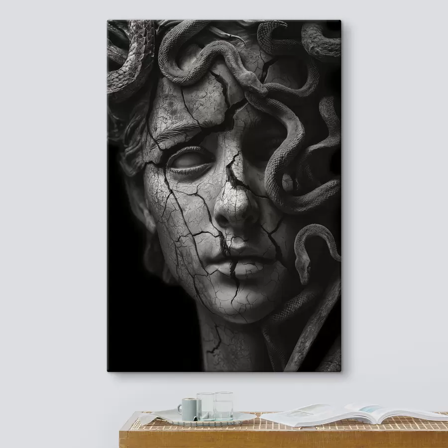murales de pared Escultura de Medusa Gorgona en blanco y negro s26128