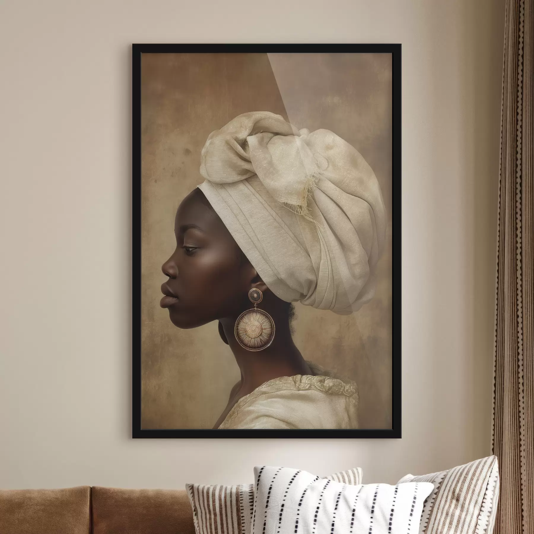 murales de pared retrato beige de una mujer de estilo africano de perfil con grandes pendientes f26120