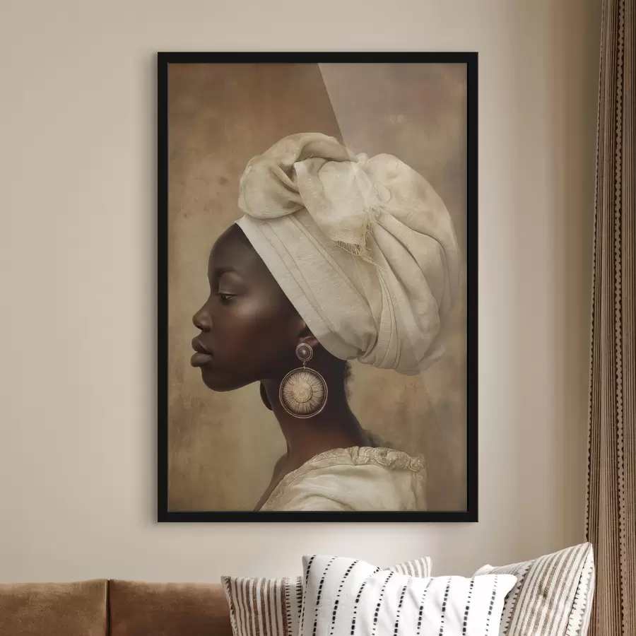 murales de pared retrato beige de una mujer de estilo africano de perfil con grandes pendientes f26120