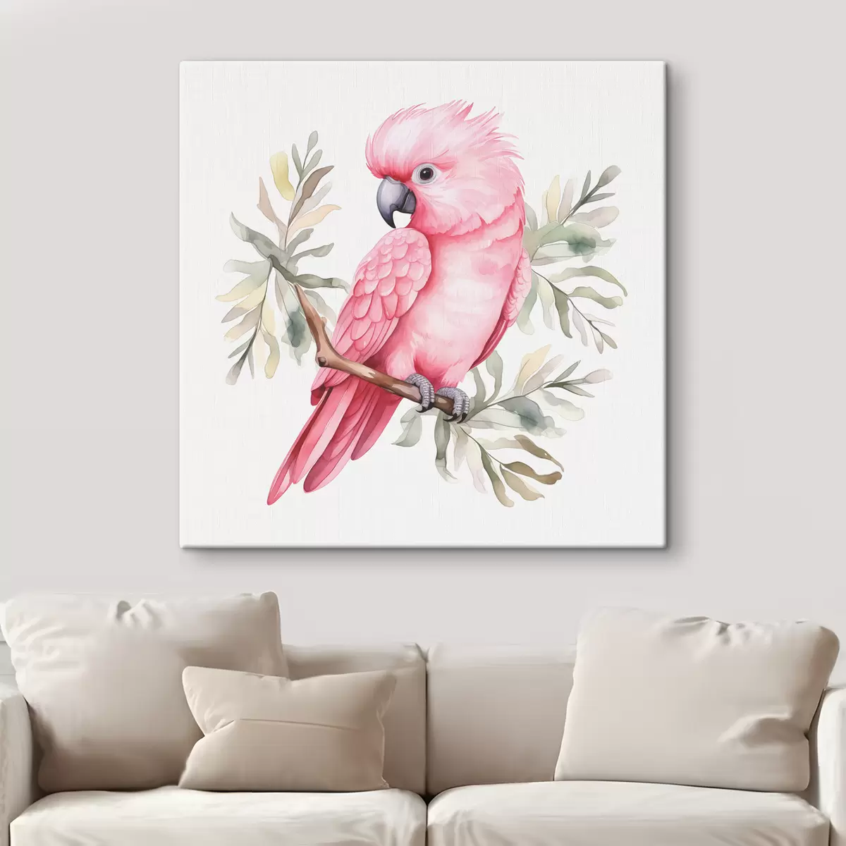 murales de pared Loro cacatúa rosa sentado en una rama acuarela s39334