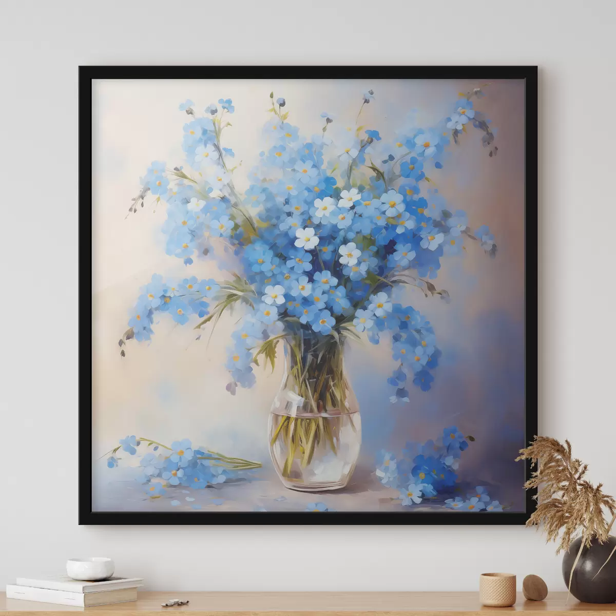 Poster Ramo de flores silvestres azules en una jarra de vidrio pintura al óleo f39331