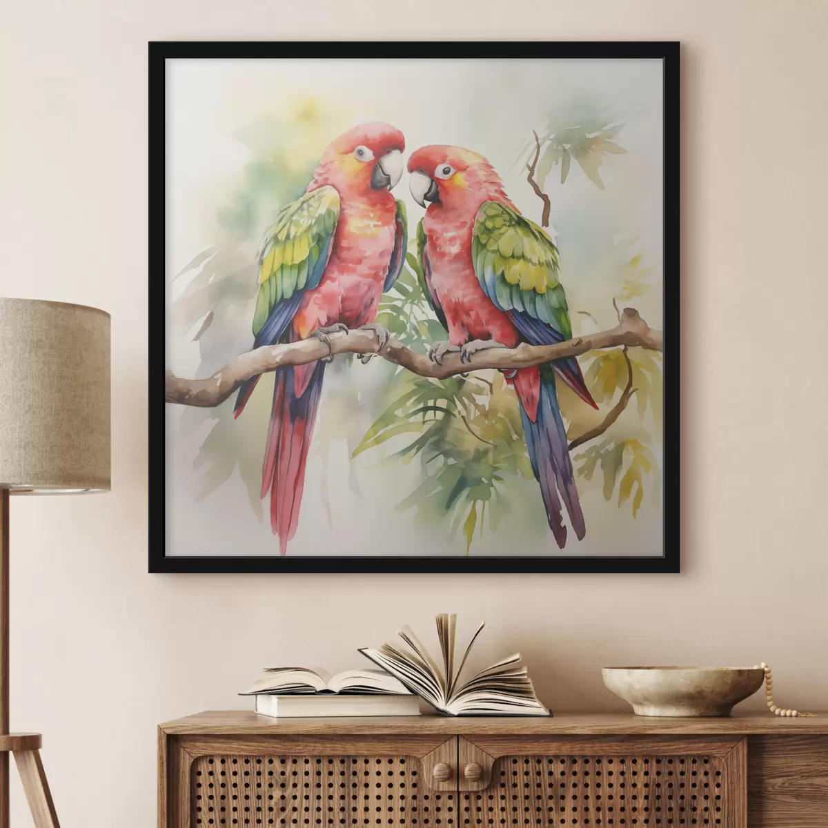 Poster Dos loros guacamayos brillantes sentados en un cuadro de acuarela en una rama f39333