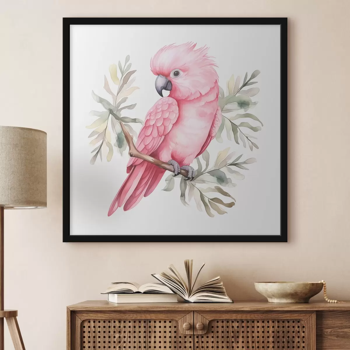 Poster Un loro cacatúa rosa sentado en una rama de acuarela f39334