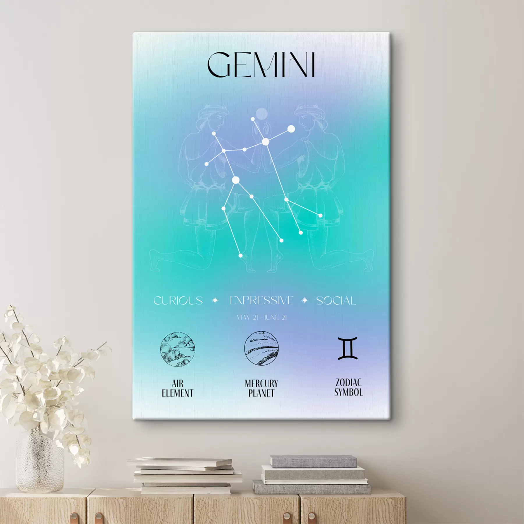 murales de pared Signo del zodiaco Géminis, constelaciones, cósmico, planetas, astrología, colores azul y morado. s39279