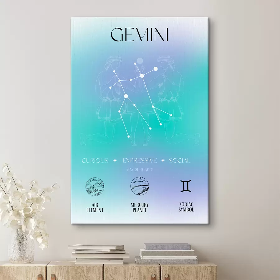 murales de pared Signo del zodiaco Géminis, constelaciones, cósmico, planetas, astrología, colores azul y morado. s39279