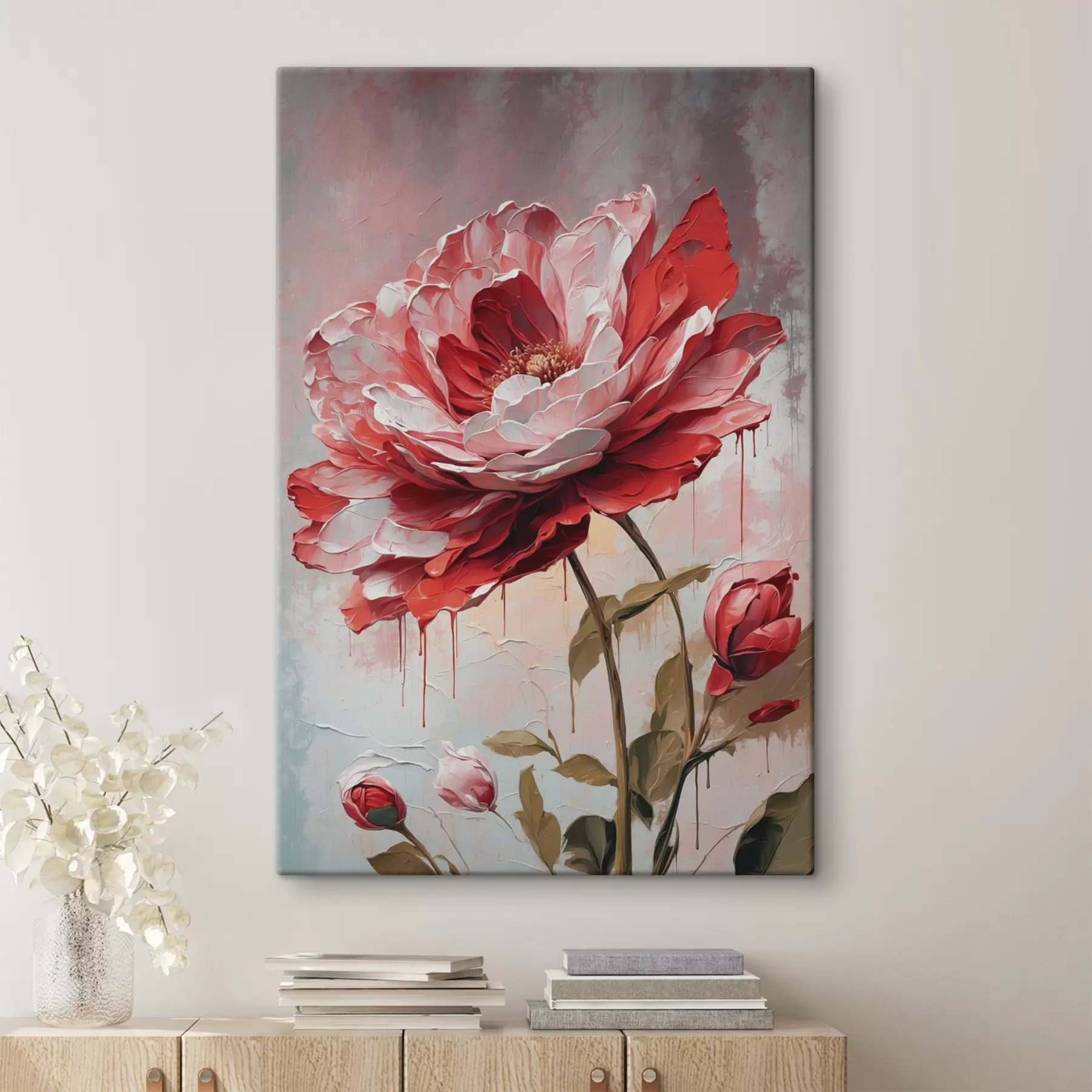 murales de pared Flor roja sobre fondo blanco-gris. s39173