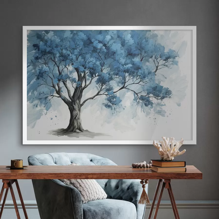 murales de pared Árbol con hojas azules sobre fondo blanco f39153