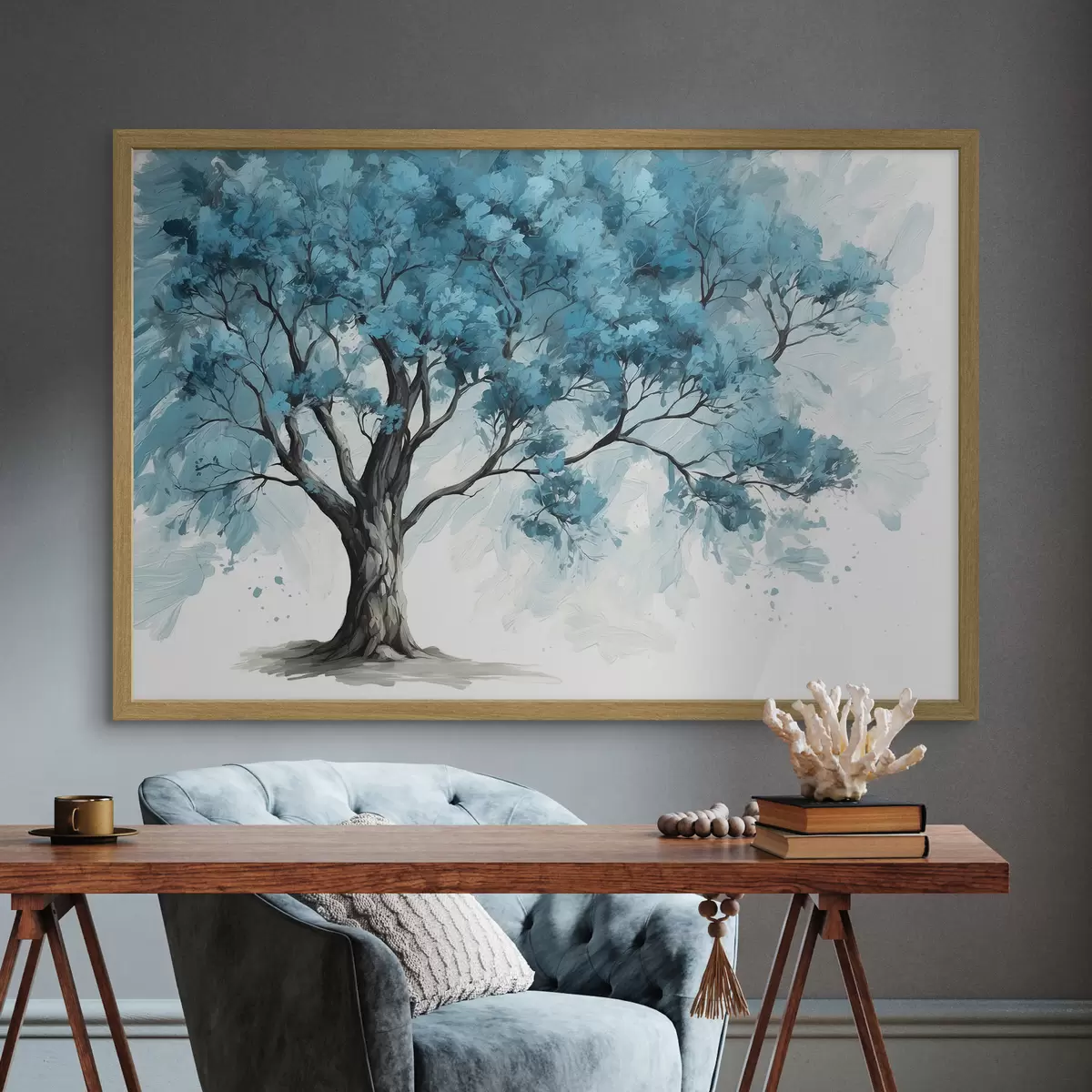 Poster Árbol con hojas azules sobre fondo blanco f39153