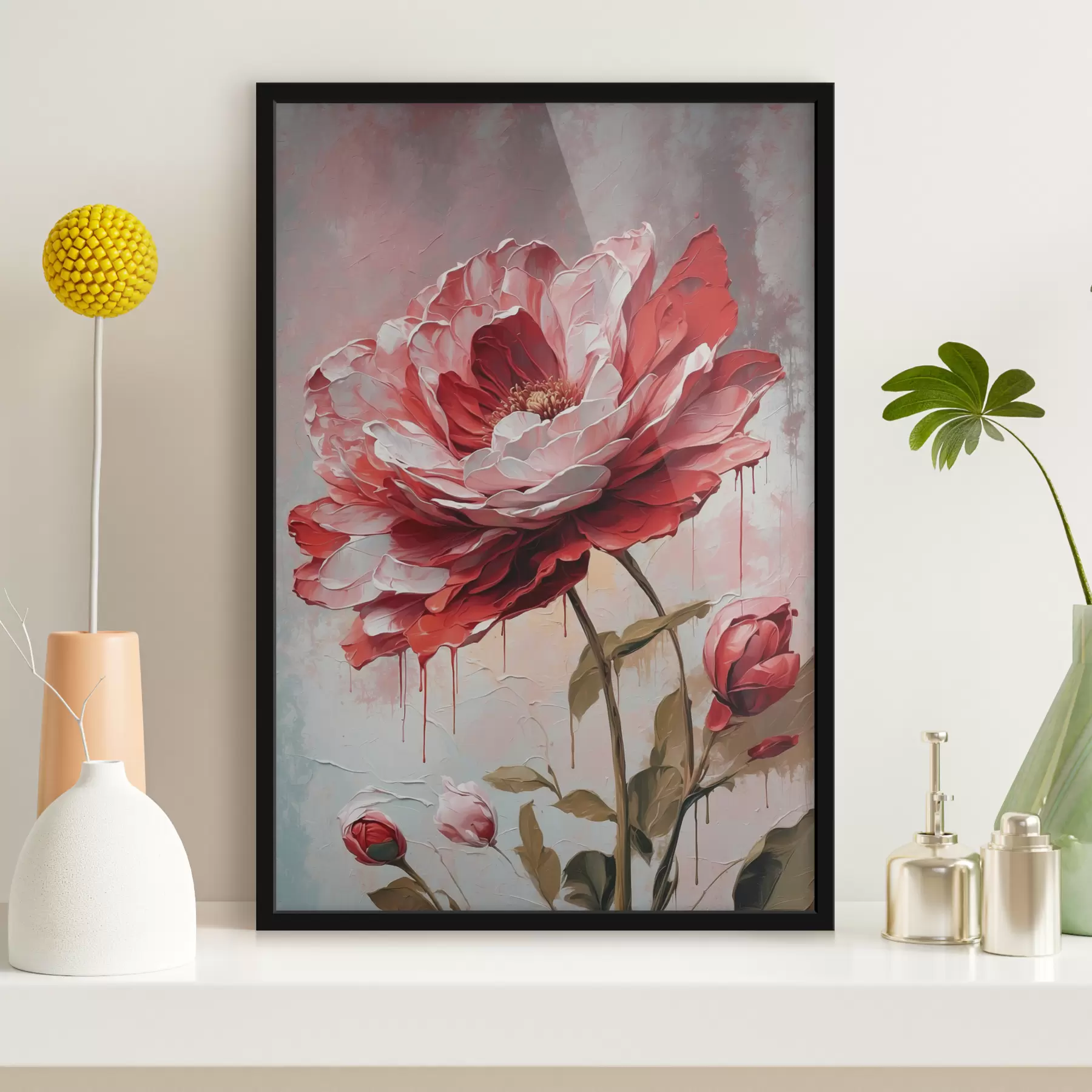 murales de pared Flor roja sobre fondo blanco-gris. f39173