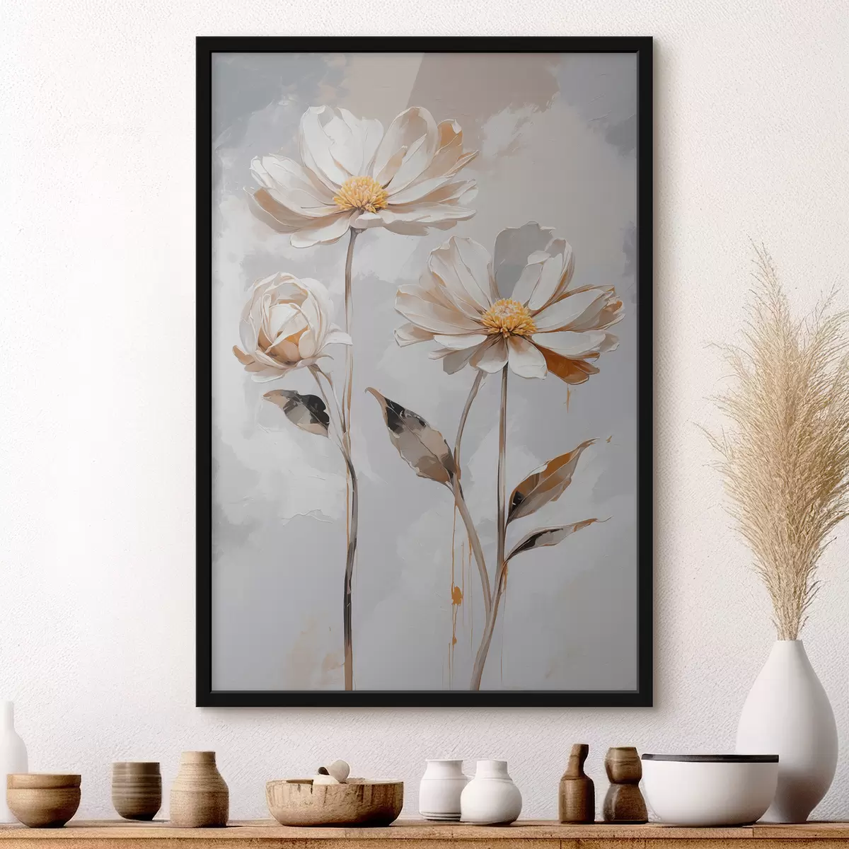 Poster Flores blancas sobre fondo blanco-gris. f39174