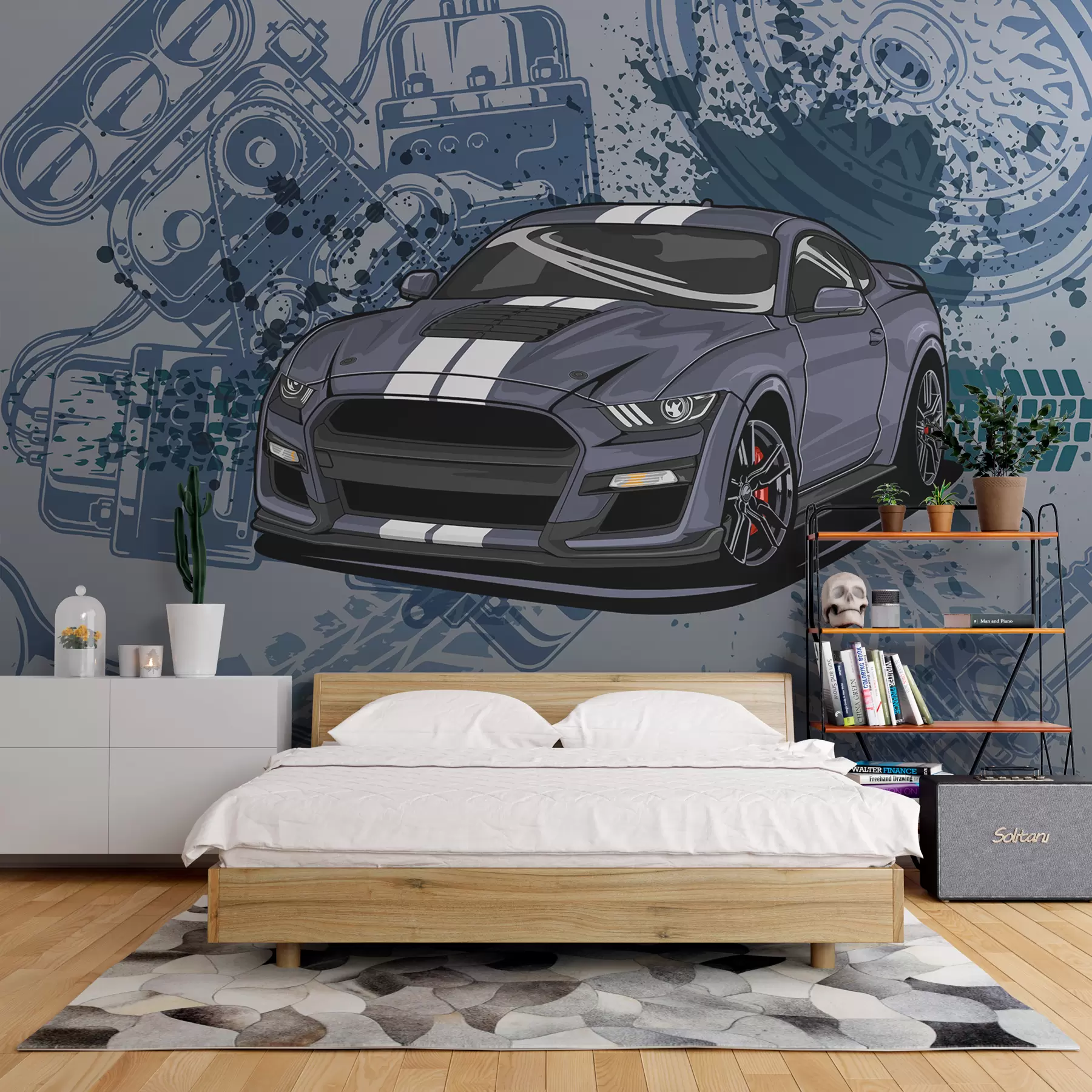 murales de pared Papel pintado infantil para adolescente con coche y letras gráficas en azul w01218