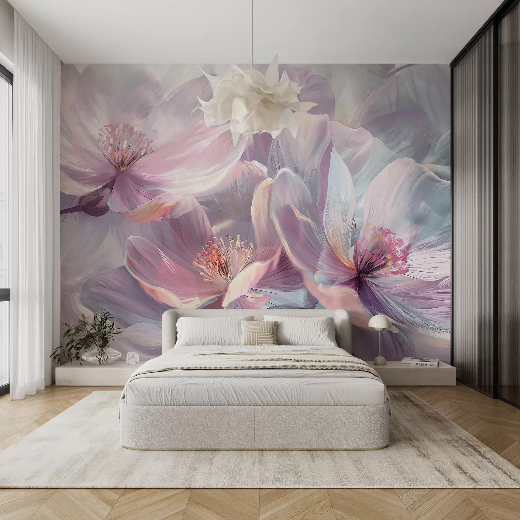 murales de pared Delicadas flores transparentes de neón pastel, rosa claro y blanco, con fondo suave y borroso w01307