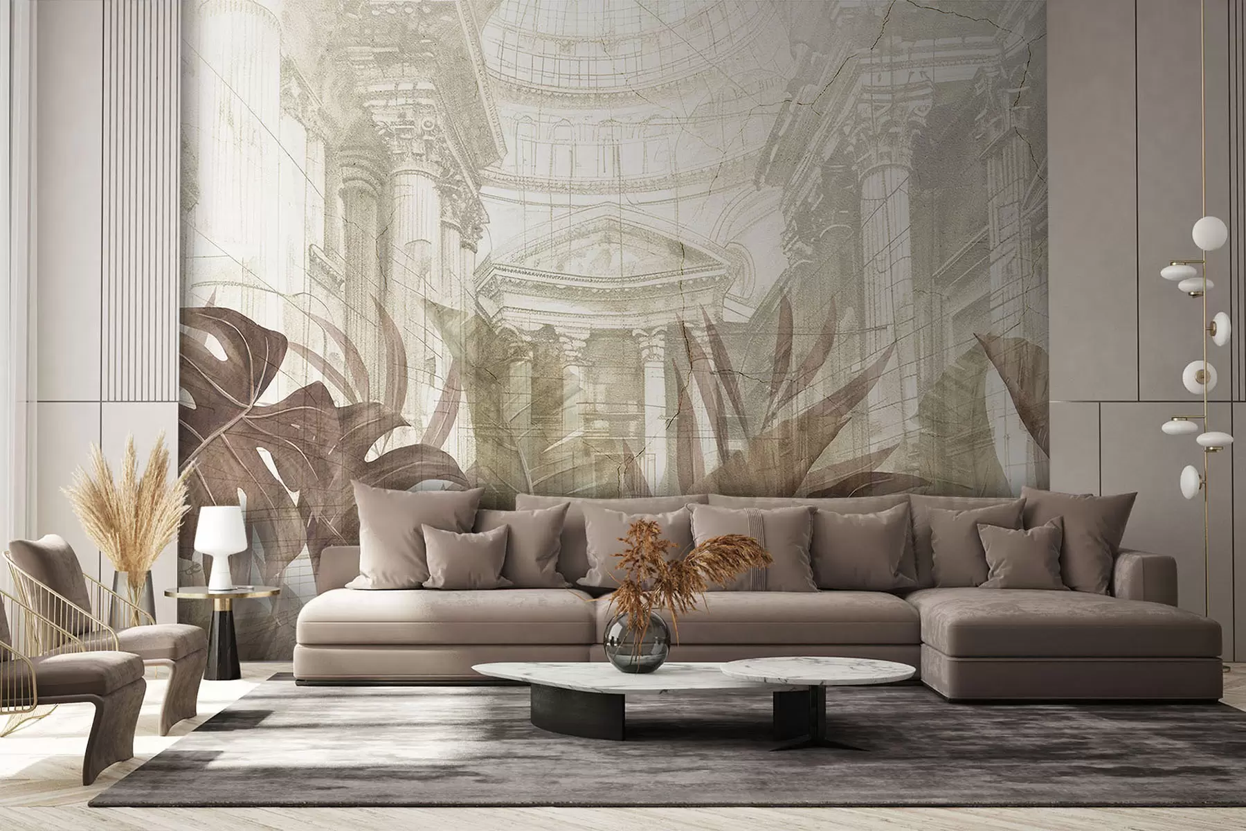 murales de pared Un gran dibujo arquitectónico adornado con columnas de mármol y exuberantes plantas tropicales de color sepia.  w01311v1