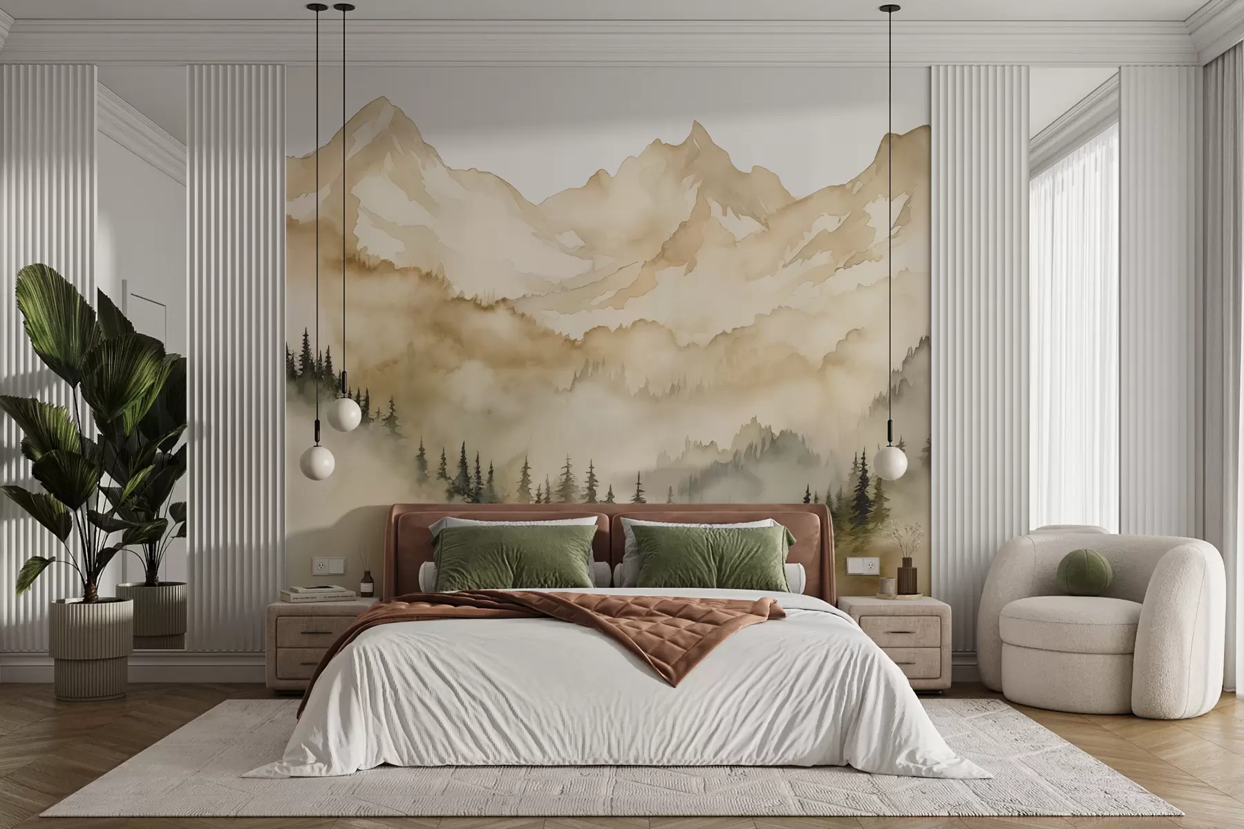 murales de pared Bosque en niebla al pie de montañas rocosas de color beige ilustración acuarela w07884