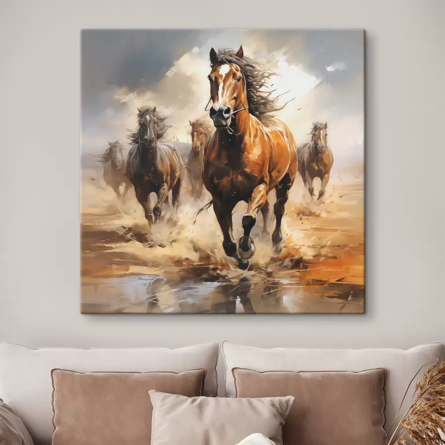 murales de pared Cuadro al óleo de caballos galopando por una pradera s39436