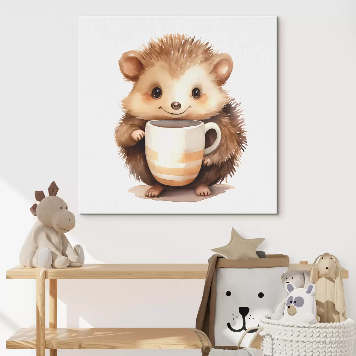 murales de pared Erizo sosteniendo una taza blanca en sus patas ilustración infantil acuarela s39440