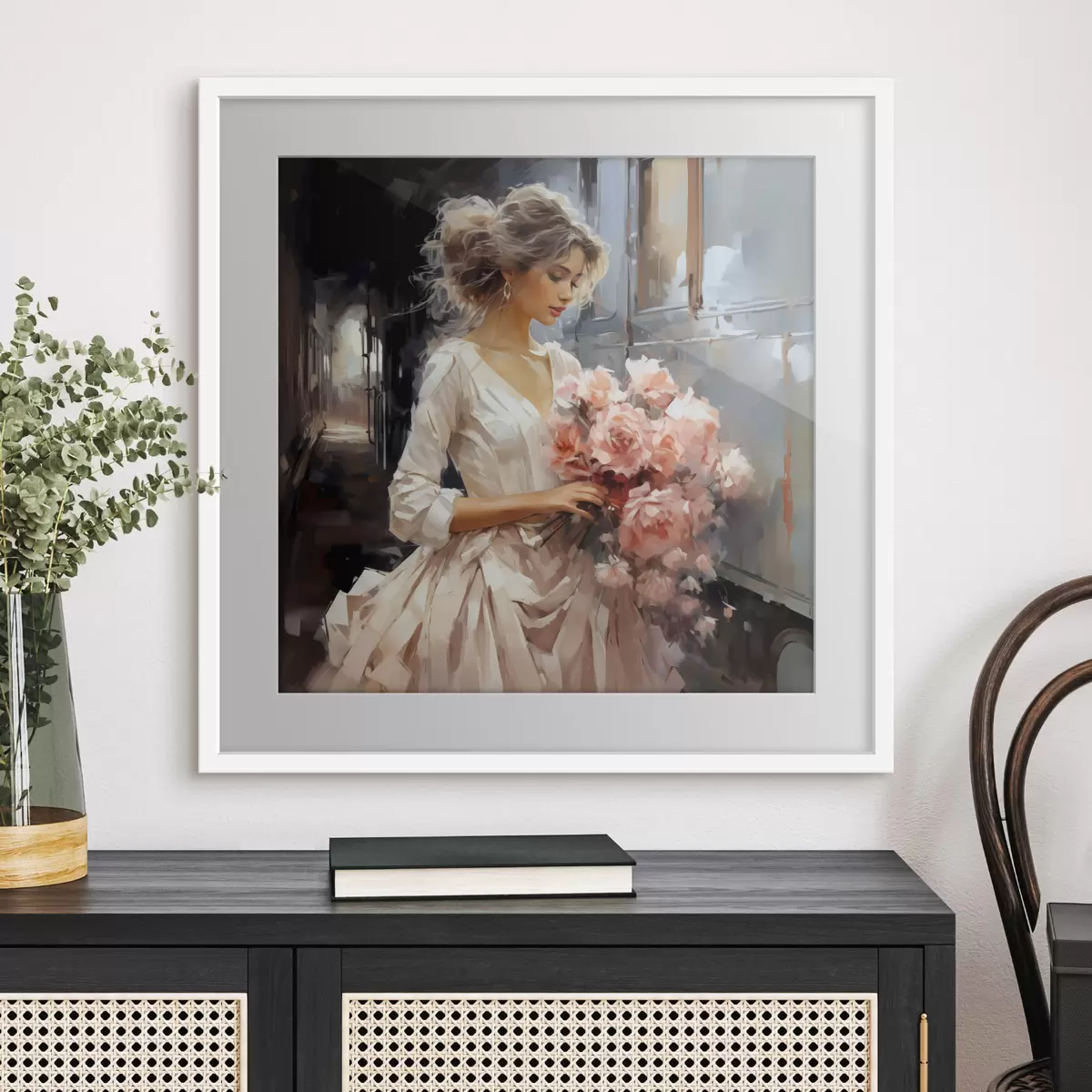 Poster Una chica con un vestido blanco en la estación sostiene un ramo de rosas rosas en sus manos, pintura al óleo f39438