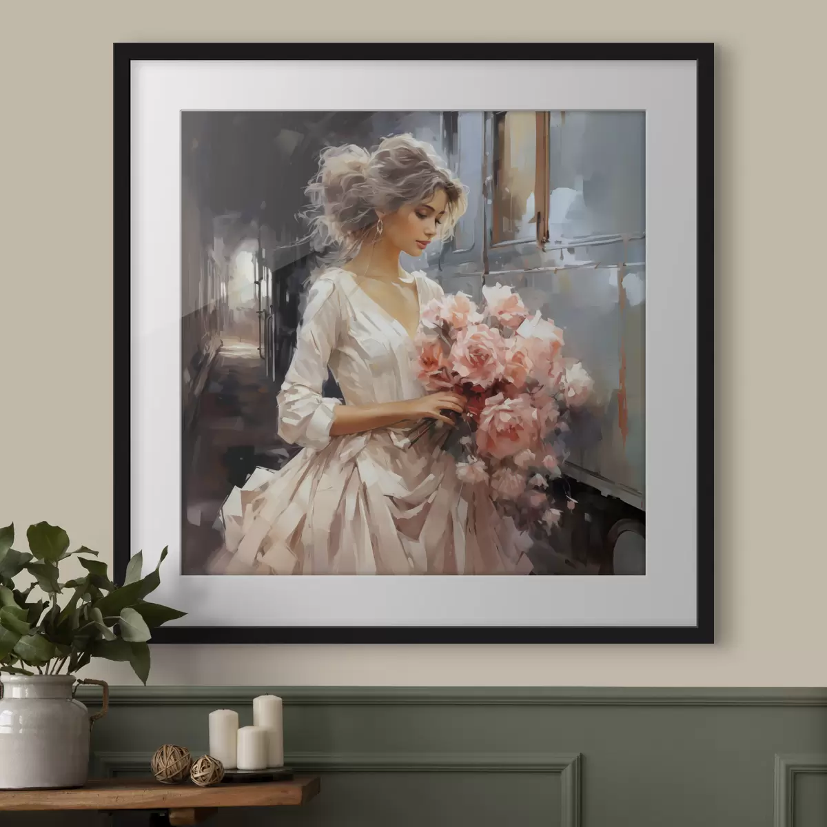 Poster Una chica con un vestido blanco en la estación sostiene un ramo de rosas rosas en sus manos, pintura al óleo f39438