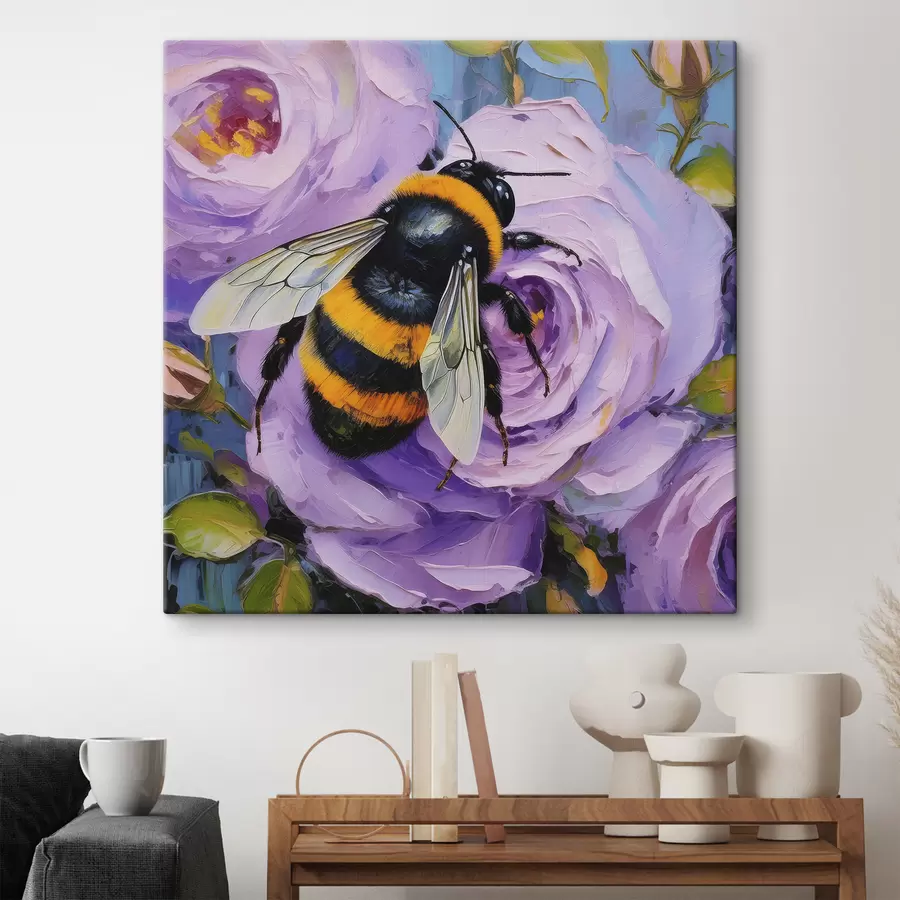 murales de pared Abeja en las peonías rosadas, flores de verano, pintura al óleo, pinceladas vívidas s39410