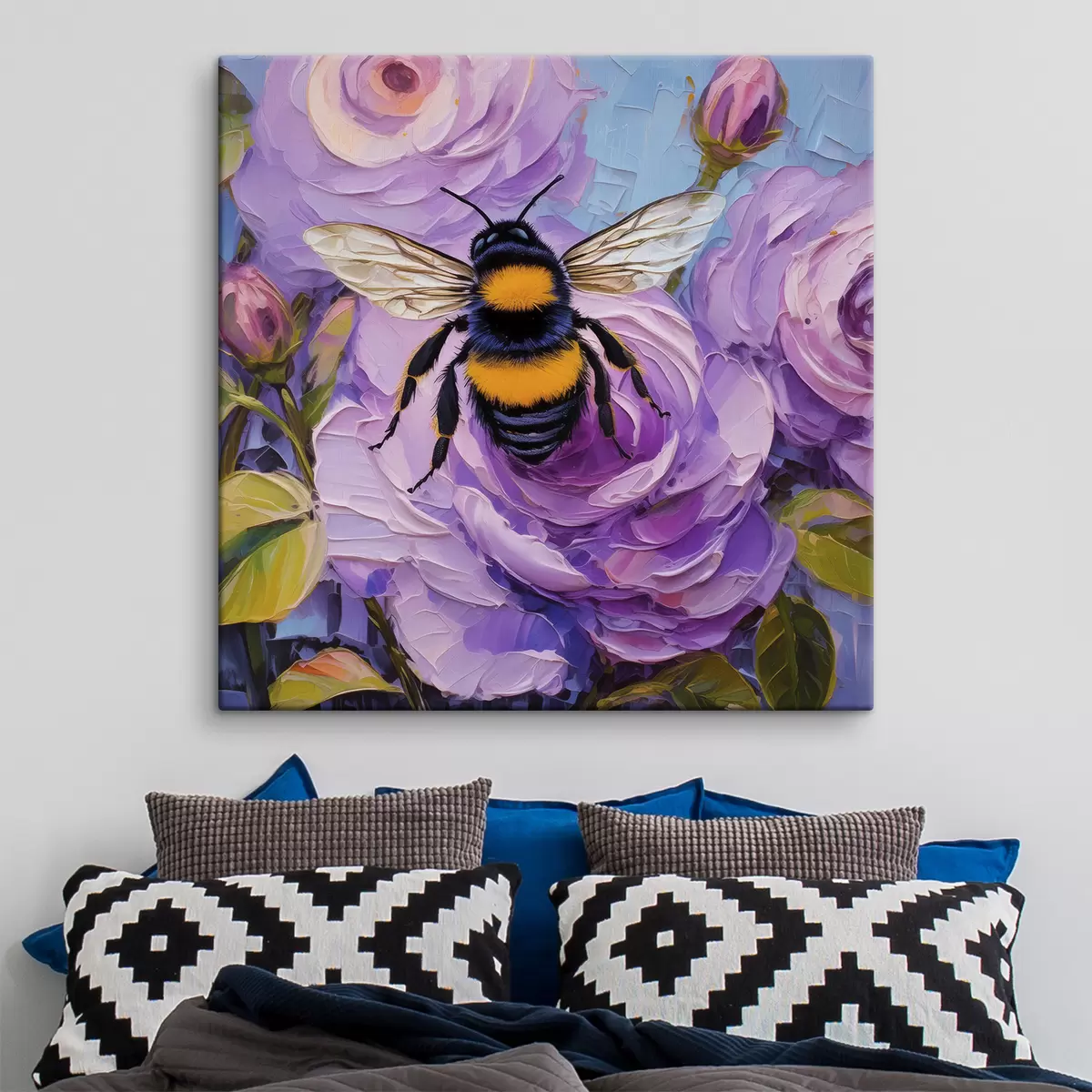 murales de pared Abeja en las peonías rosadas, coloridas flores de verano, pintura al óleo, pinceladas vívidas s39411