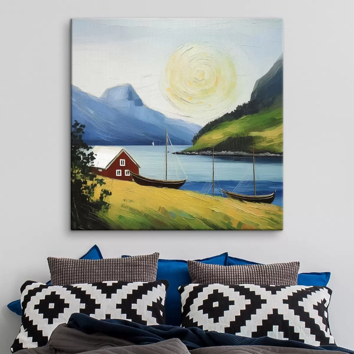 murales de pared Verano nórdico, casita en la costa del mar, sol en el cielo azul, montañas s39423