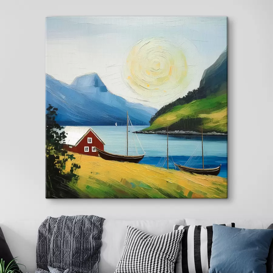 murales de pared Verano nórdico, casita en la costa del mar, sol en el cielo azul, montañas s39423