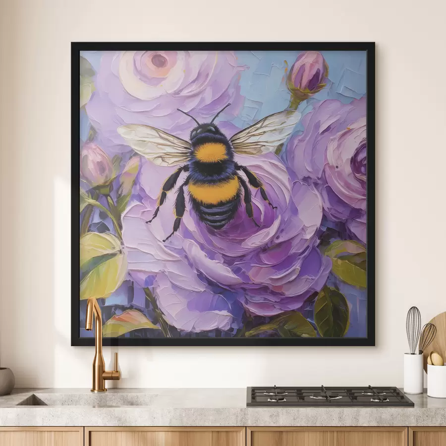 murales de pared Abeja sobre peonias rosas, coloridas flores de verano, pintura al óleo, pinceladas vivas f39411