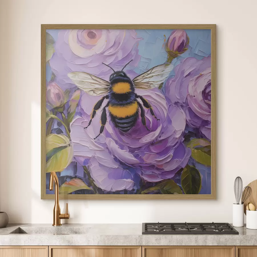 murales de pared Abeja sobre peonias rosas, coloridas flores de verano, pintura al óleo, pinceladas vivas f39411