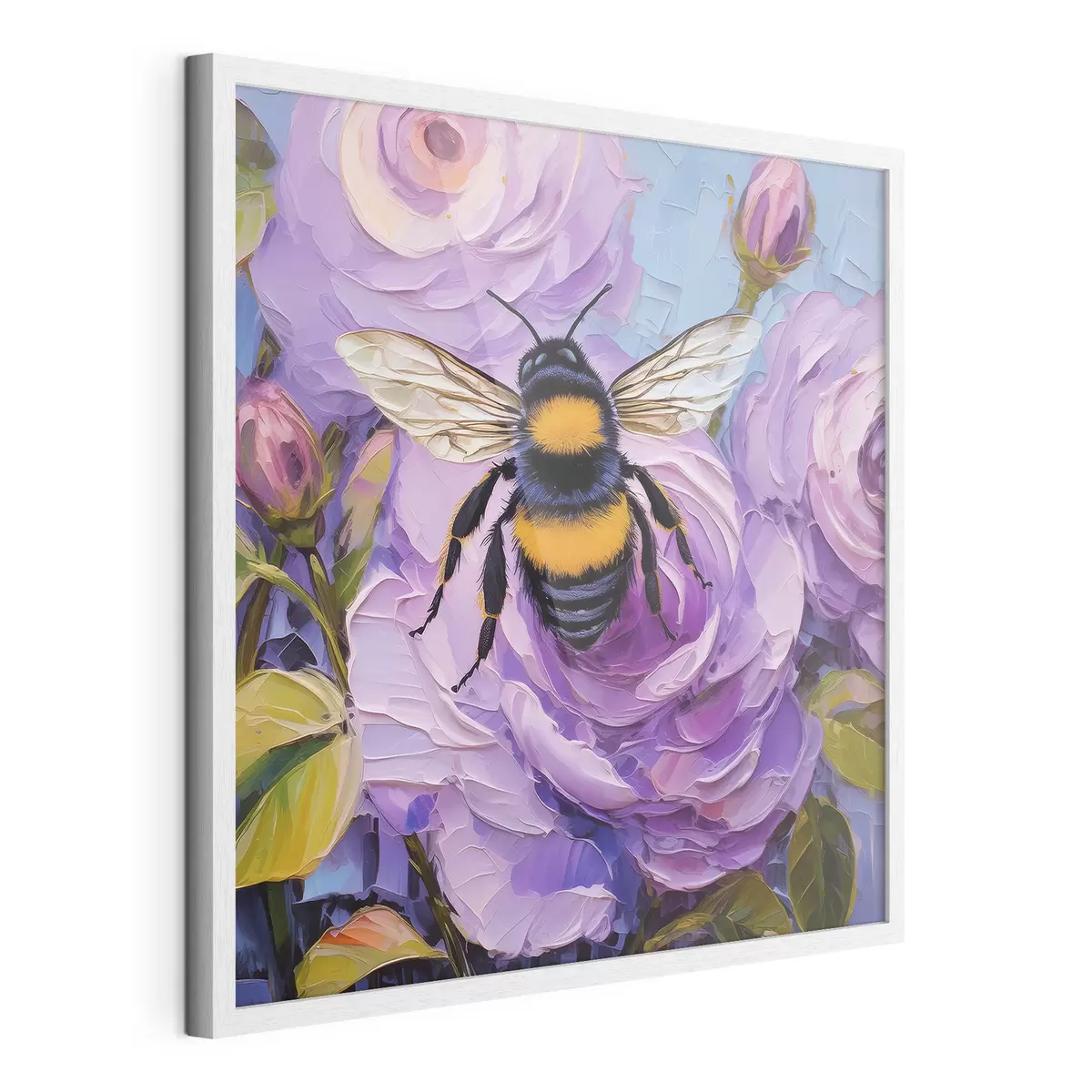 Poster Abeja sobre peonias rosas, coloridas flores de verano, pintura al óleo, pinceladas vivas f39411