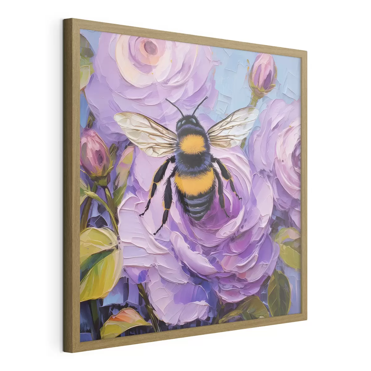 Poster Abeja sobre peonias rosas, coloridas flores de verano, pintura al óleo, pinceladas vivas f39411
