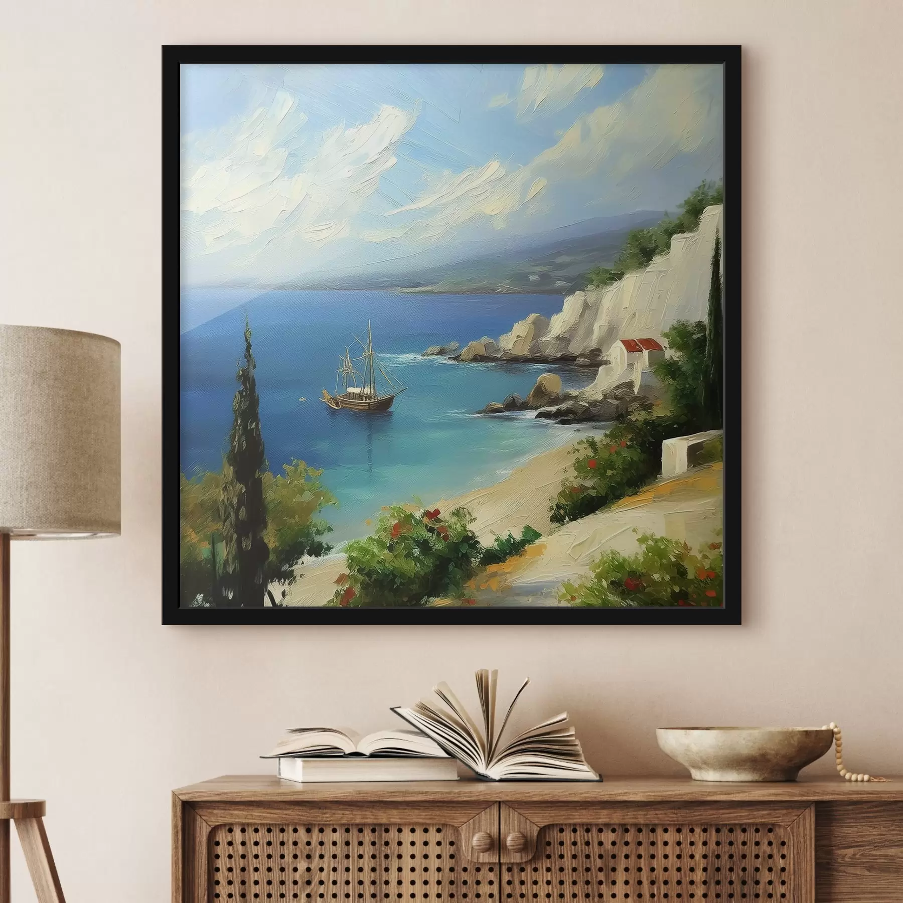 murales de pared Costa del mar de Grecia, barco, agua azul, pintura al óleo, naturaleza de verano, rocas, pinceladas vívidas f39425