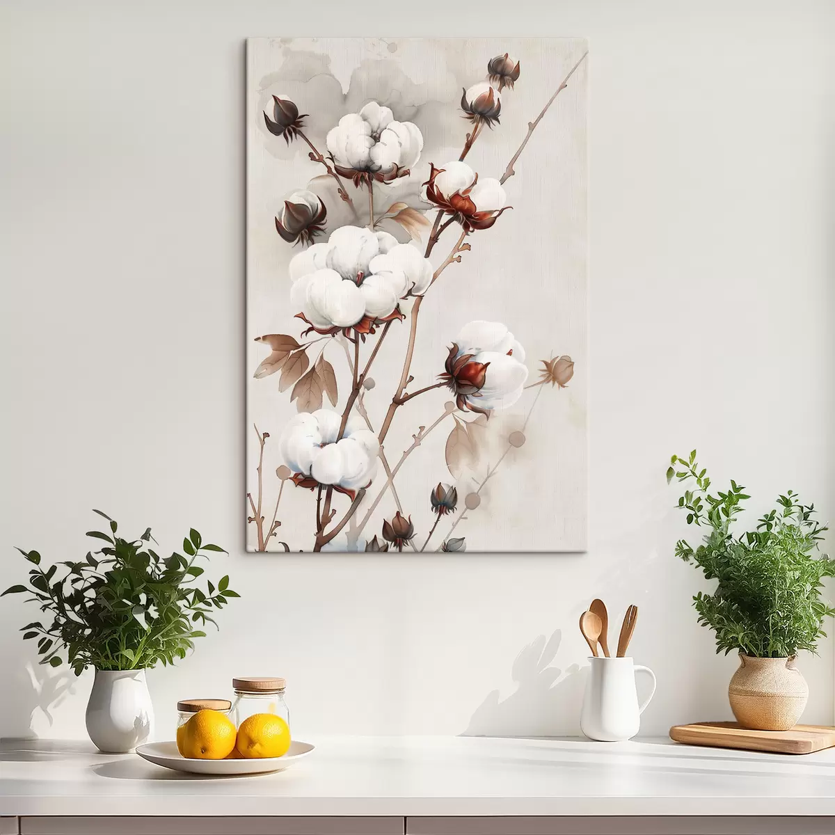 murales de pared Ramas de algodón en estilo acuarela. s39215